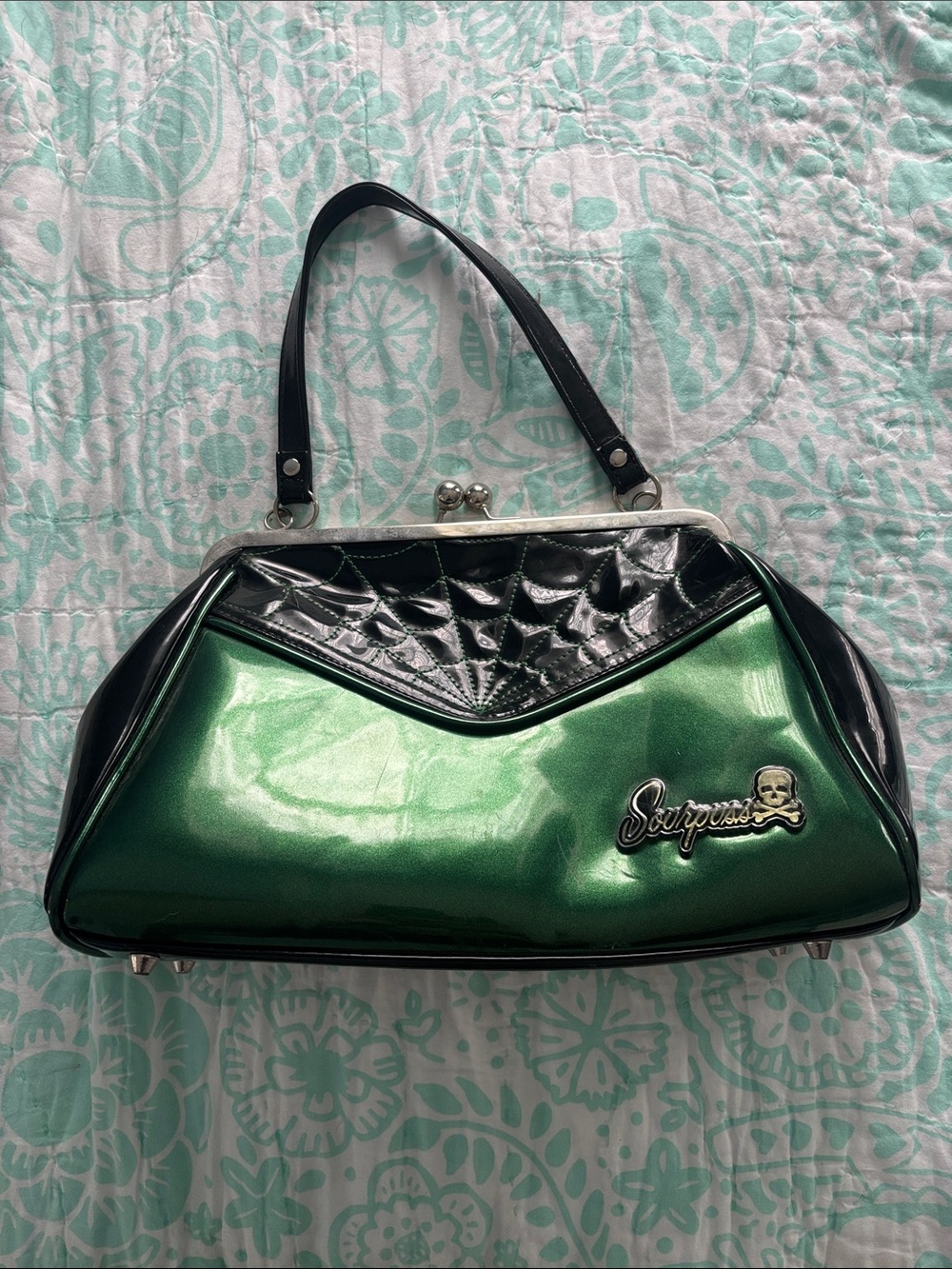 Metallic Green and Black Patent Shoulder Bag